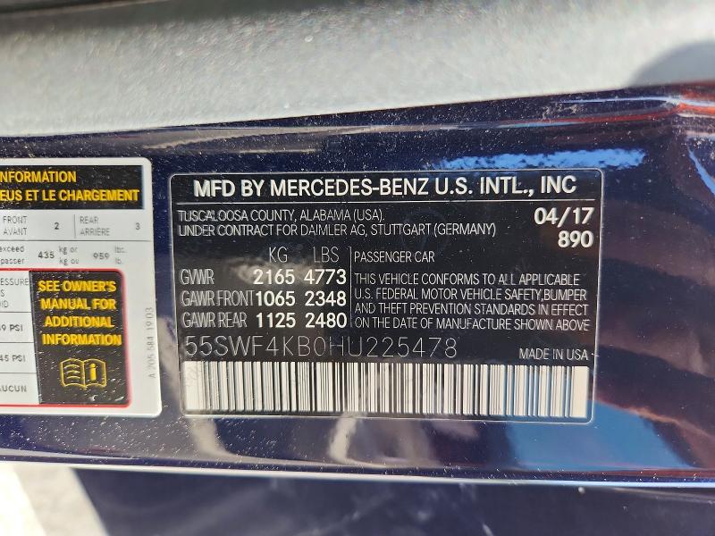 58402206 :رقم المزاد ، 55SWF4KB0HU225478 vin ، 2017 Mercedes-benz C مزاد بيع