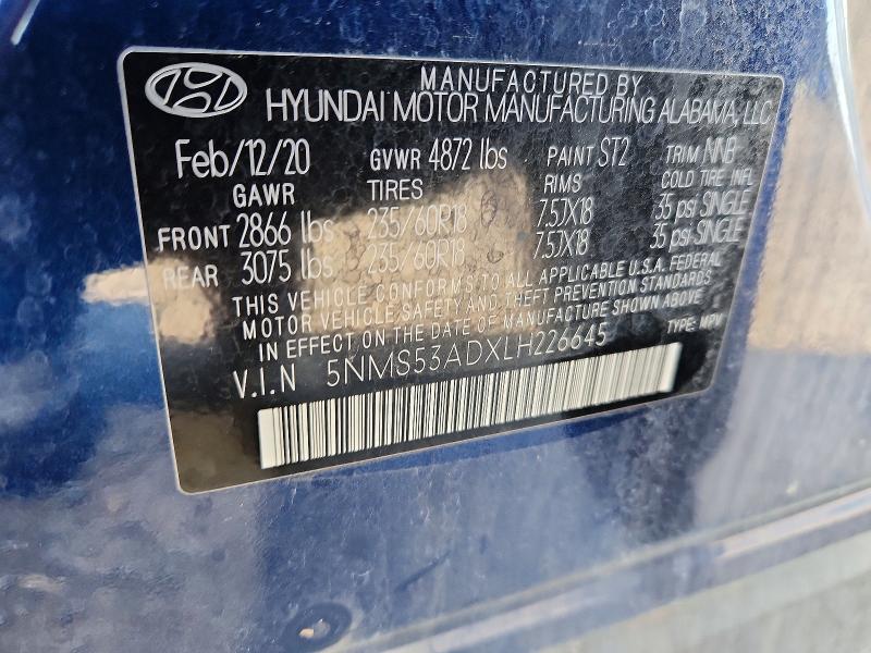 2020 Hyundai Santa Fe მანქანა იყიდება აუქციონზე, vin: 5NMS53ADXLH226645, აუქციონის ნომერი: 55397186