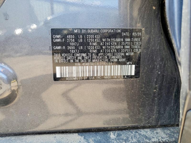 2020 Subaru Outback მანქანა იყიდება აუქციონზე, vin: 4S4BTALC3L3182769, აუქციონის ნომერი: 57388566