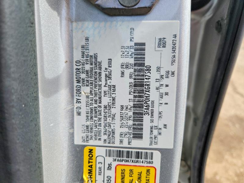 2016 Ford Fusion მანქანა იყიდება აუქციონზე, vin: 3FA6P0H7XGR147580, აუქციონის ნომერი: 55376826