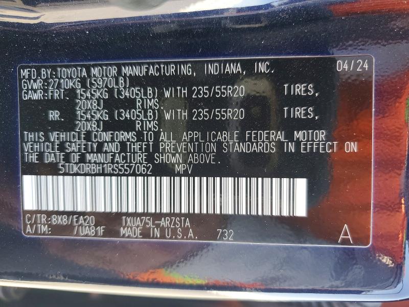 2024 Toyota Highlander მანქანა იყიდება აუქციონზე, vin: 5TDKDRBH1RS557062, აუქციონის ნომერი: 56710316