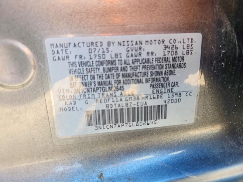 2016 Nissan Versa მანქანა იყიდება აუქციონზე, vin: 3N1CN7AP7GL802645, აუქციონის ნომერი: 57239026