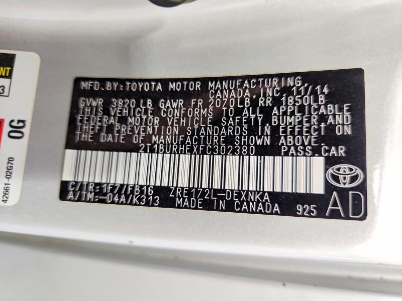 Продаж на аукціоні авто 2015 Toyota Corolla, vin: 2T1BURHEXFC302380, номер лоту: 57290086