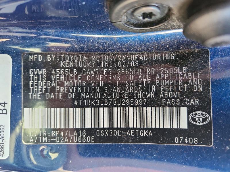 57121466 :رقم المزاد ، 4T1BK36B78U295997 vin ، 2008 Toyota Avalon مزاد بيع