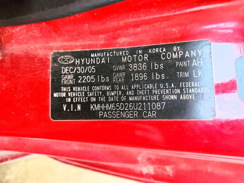 57429196 :رقم المزاد ، KMHHM65D26U211087 vin ، 2006 Hyundai Tiburon مزاد بيع