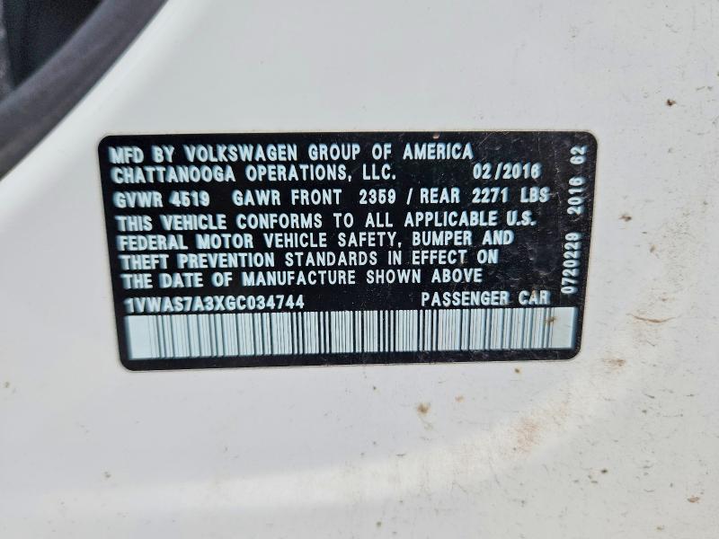 55927336 :رقم المزاد ، 1VWAS7A3XGC034744 vin ، 2016 Volkswagen Passat مزاد بيع