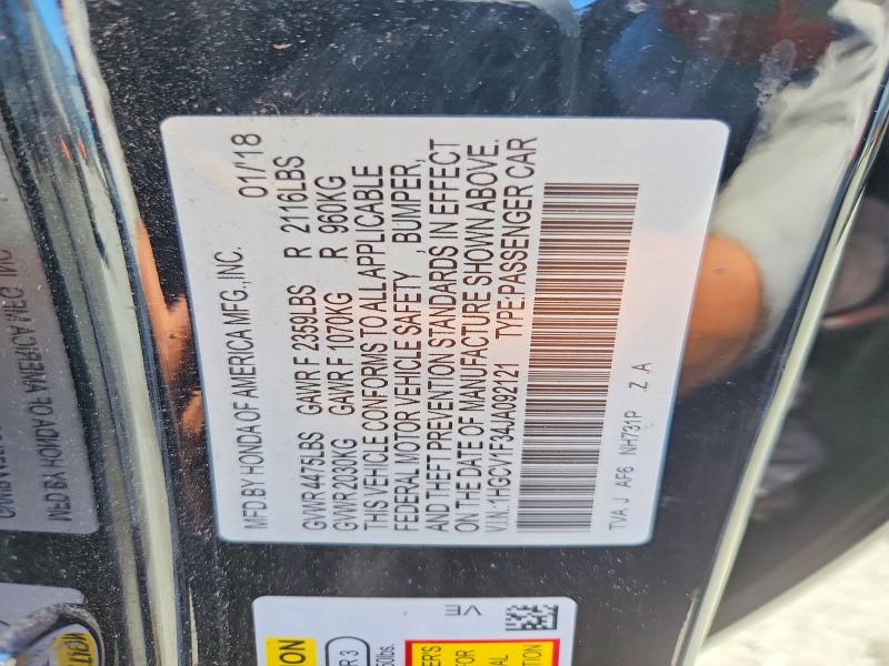 56189016 :رقم المزاد ، 1HGCV1F34JA092121 vin ، 2018 Honda Accord مزاد بيع