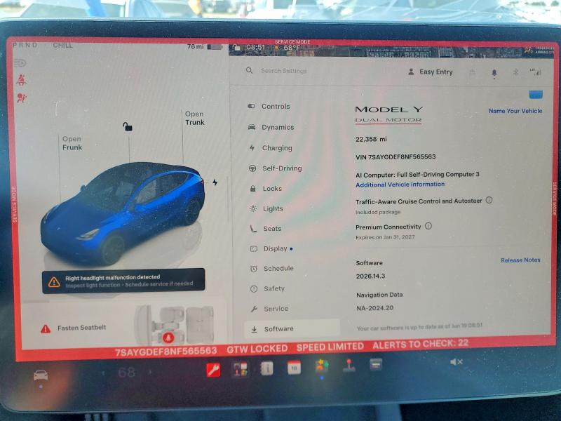 2022 Tesla Model Y მანქანა იყიდება აუქციონზე, vin: 7SAYGDEF8NF565563, აუქციონის ნომერი: 58069906