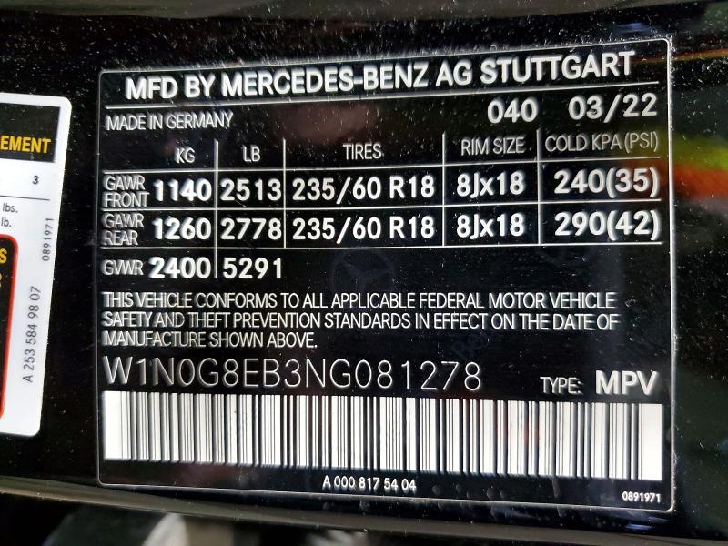 58062976 :رقم المزاد ، W1N0G8EB3NG081278 vin ، 2022 Mercedes-benz Glc مزاد بيع