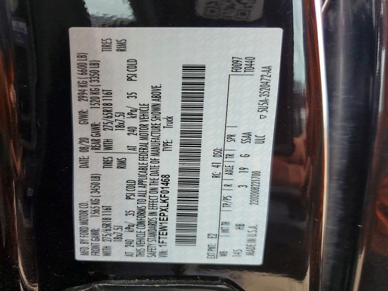 55215066 :رقم المزاد ، 1FTEW1EPXLKF01468 vin ، 2020 Ford F150 مزاد بيع
