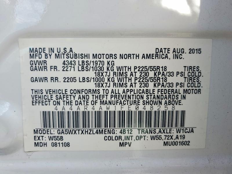 2015 Mitsubishi Outlander Sport მანქანა იყიდება აუქციონზე, vin: 4A4AR4AW1FE048258, აუქციონის ნომერი: 56253696