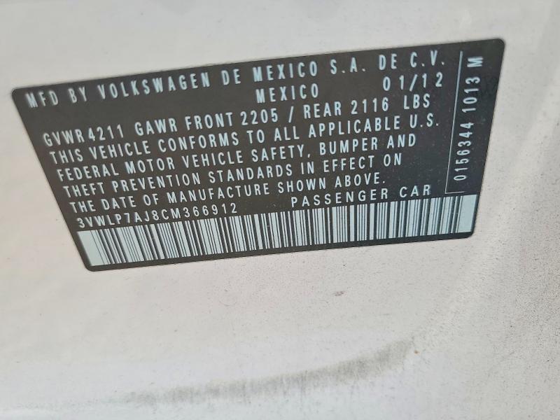 Продажа на аукционе авто 2012 Volkswagen Jetta, vin: 3VWLP7AJ8CM366912, номер лота: 56397656
