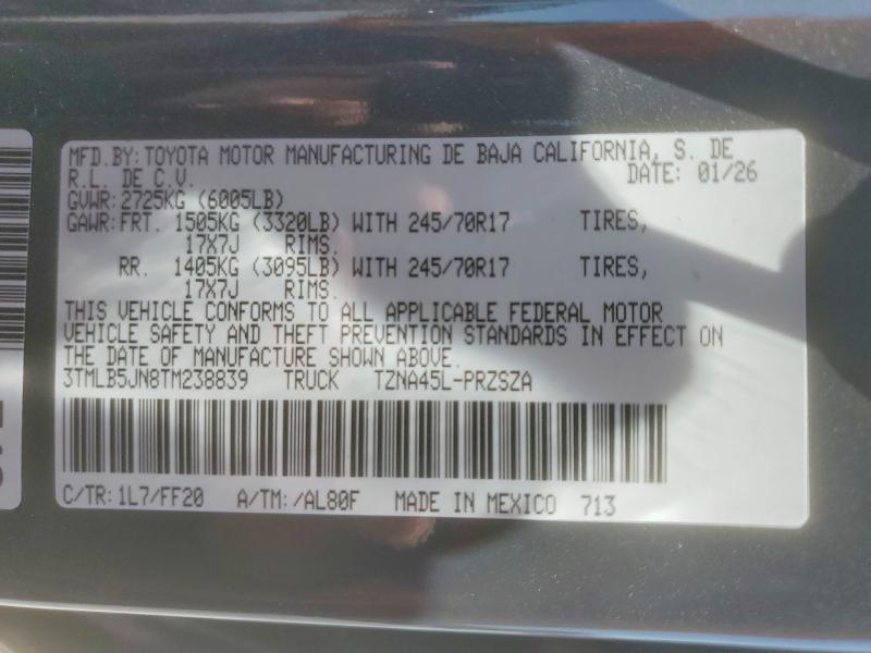 2026 Toyota Tacoma მანქანა იყიდება აუქციონზე, vin: 3TMLB5JN8TM238839, აუქციონის ნომერი: 58581596