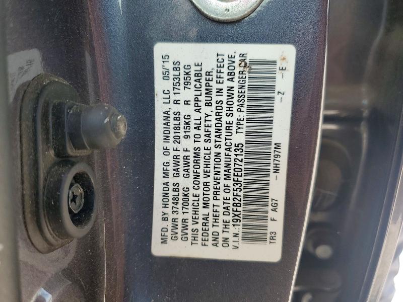 Продажа на аукционе авто 2015 Honda Civic, vin: 19XFB2F53FE072135, номер лота: 57009056