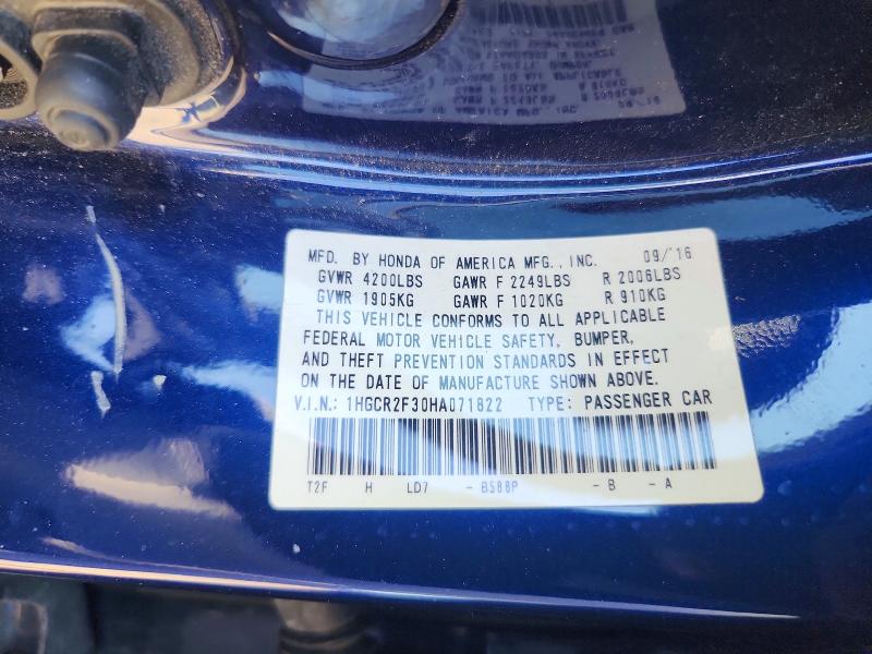2017 Honda Accord მანქანა იყიდება აუქციონზე, vin: 1HGCR2F30HA071822, აუქციონის ნომერი: 55598236