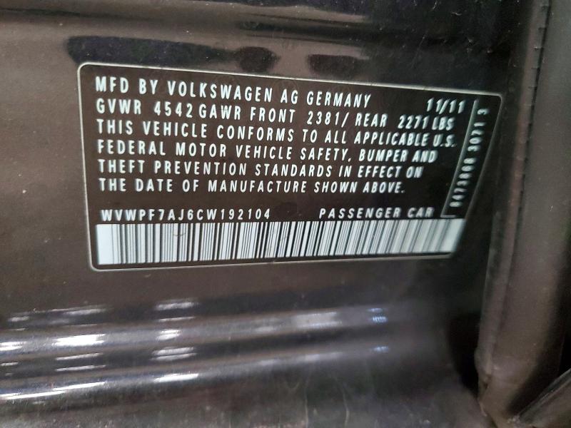 2012 Volkswagen Golf მანქანა იყიდება აუქციონზე, vin: WVWPF7AJ6CW192104, აუქციონის ნომერი: 56621886