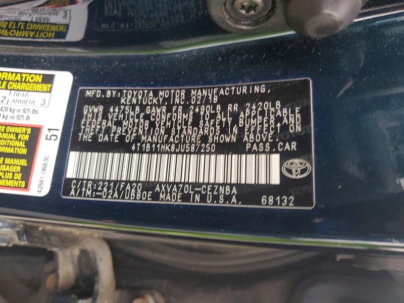 Aukcja sprzedaży 2018 Toyota Camry, vin: 4T1B11HK8JU587250, numer aukcji: 58221696