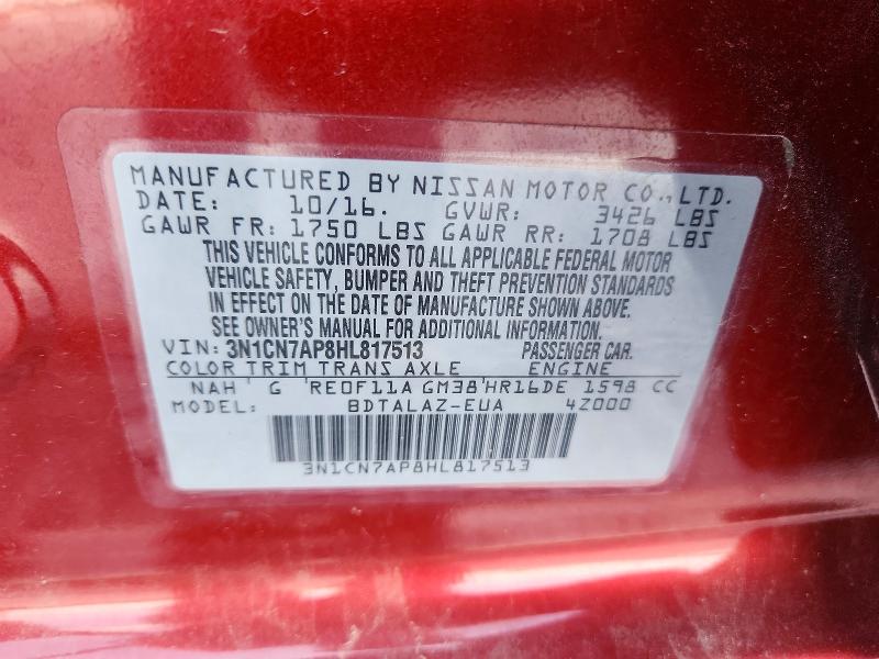 Продаж на аукціоні авто 2017 Nissan Versa, vin: 3N1CN7AP8HL817513, номер лоту: 56084586