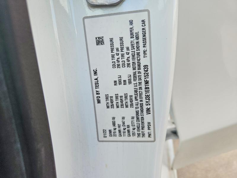 Aukcja sprzedaży 2022 Tesla Model 3, vin: 5YJ3E1EB1NF152439, numer aukcji: 57247346