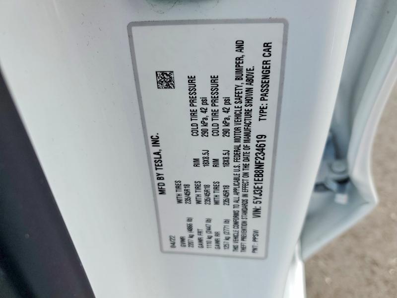 Aukcja sprzedaży 2022 Tesla Model 3, vin: 5YJ3E1EB8NF234619, numer aukcji: 85990595