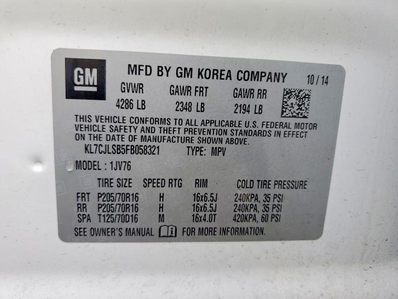 58837056 :رقم المزاد ، KL7CJLSB5FB058321 vin ، 2015 Chevrolet Trax مزاد بيع