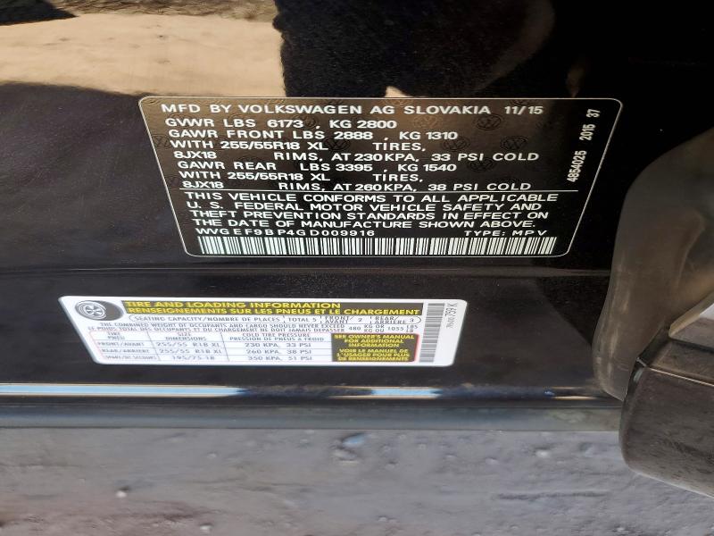 Продаж на аукціоні авто 2016 Volkswagen Touareg, vin: WVGEF9BP4GD009916, номер лоту: 56325086
