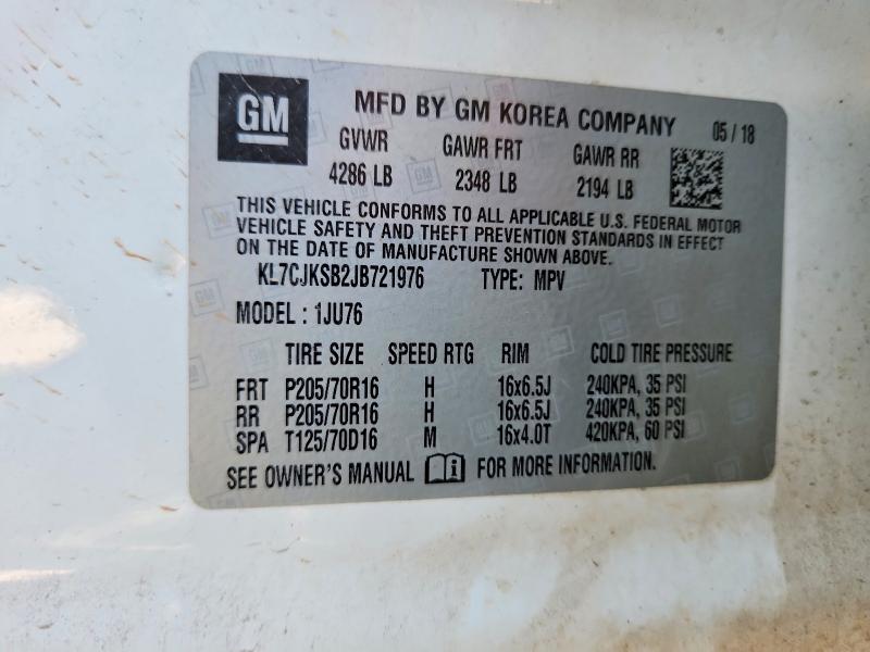 2018 Chevrolet Trax მანქანა იყიდება აუქციონზე, vin: KL7CJKSB2JB721976, აუქციონის ნომერი: 57751936