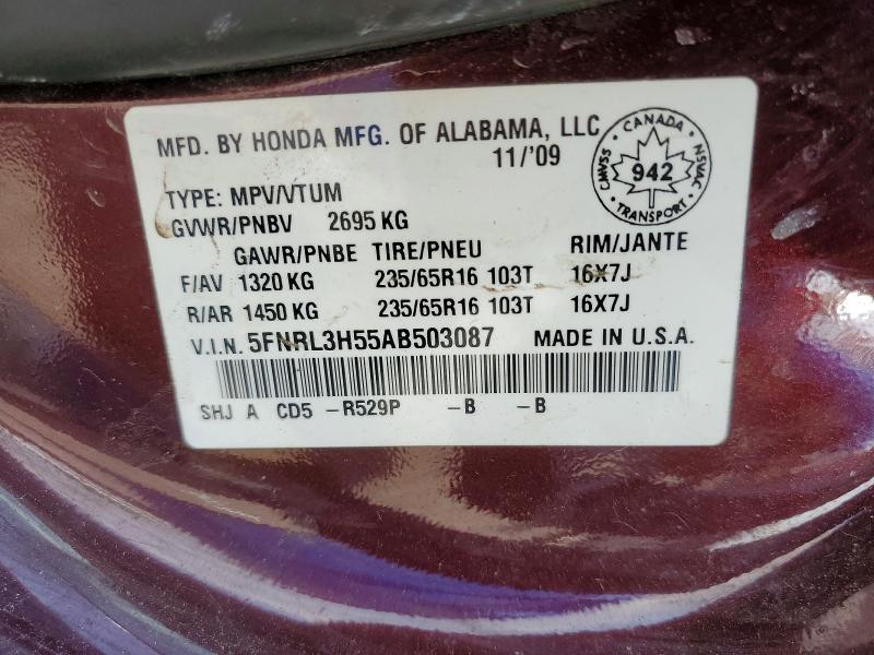 56346526 :رقم المزاد ، 5FNRL3H55AB503087 vin ، 2010 Honda Odyssey مزاد بيع