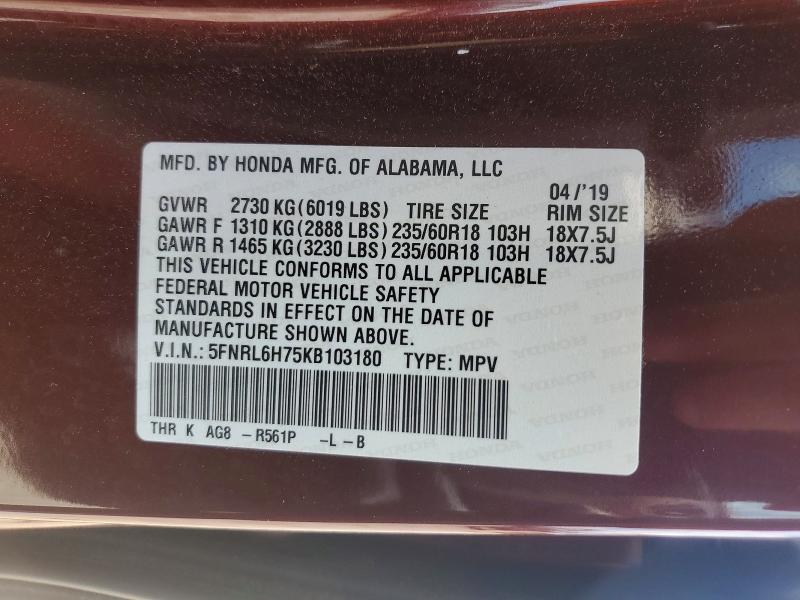 56768056 :رقم المزاد ، 5FNRL6H75KB103180 vin ، 2019 Honda Odyssey مزاد بيع