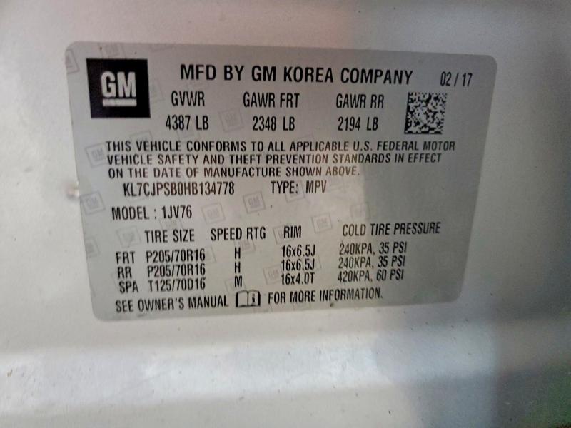 Продаж на аукціоні авто 2017 Chevrolet Trax, vin: KL7CJPSB0HB134778, номер лоту: 57644966