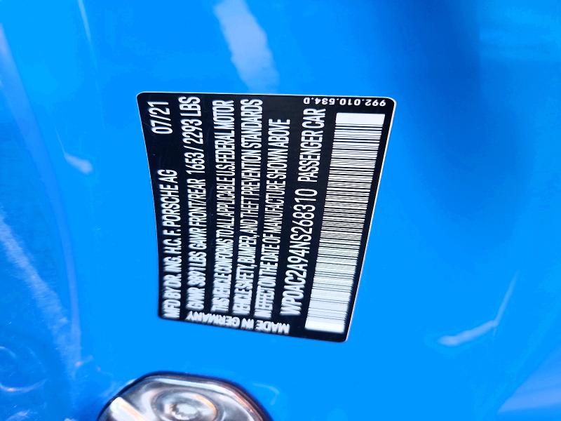 57901506 :رقم المزاد ، WP0AC2A94NS268310 vin ، 2022 Porsche 911 مزاد بيع