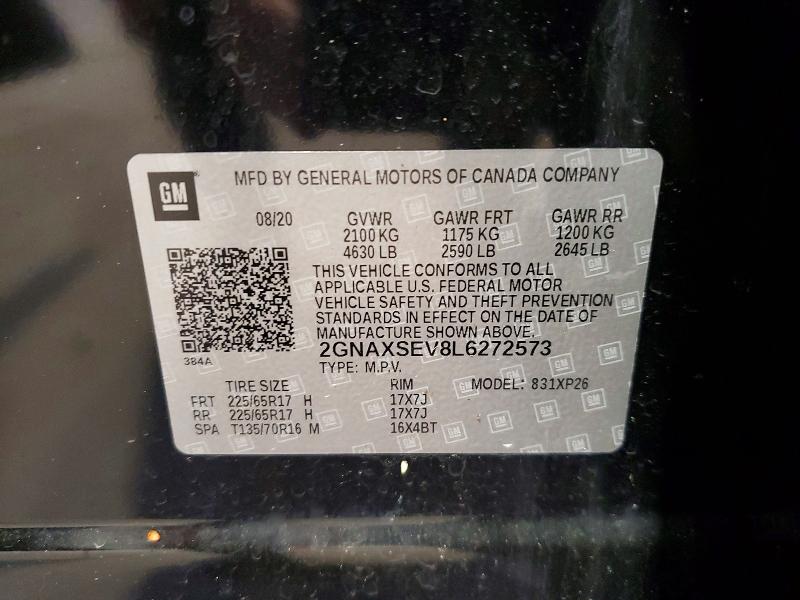2020 Chevrolet Equinox მანქანა იყიდება აუქციონზე, vin: 2GNAXSEV8L6272573, აუქციონის ნომერი: 55092916