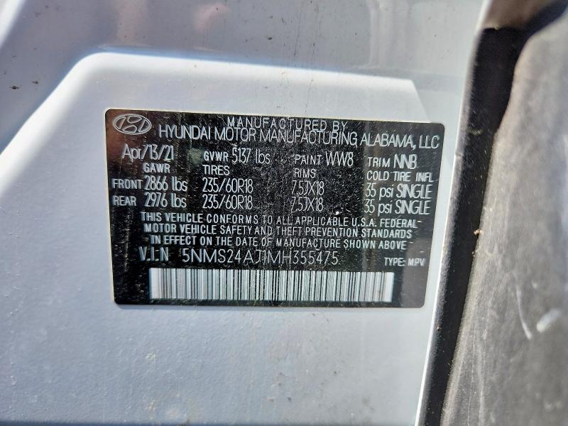 2021 Hyundai Santa Fe მანქანა იყიდება აუქციონზე, vin: 5NMS24AJ1MH355475, აუქციონის ნომერი: 55411776