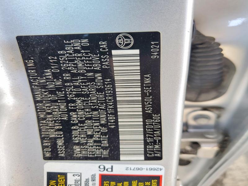 57078086 :رقم المزاد ، 4T4BF1FK4CR193614 vin ، 2012 Toyota Camry مزاد بيع