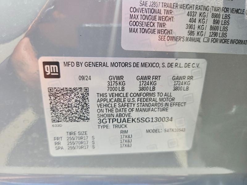 58069316 :رقم المزاد ، 3GTPUAEK5SG130034 vin ، 2025 Gmc Siera مزاد بيع