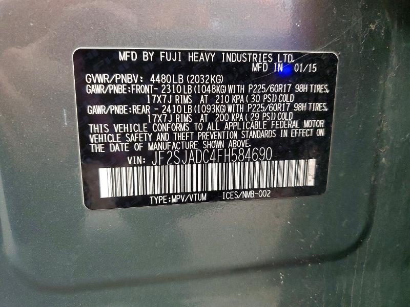 2015 Subaru Forester მანქანა იყიდება აუქციონზე, vin: JF2SJADC4FH584690, აუქციონის ნომერი: 59085276
