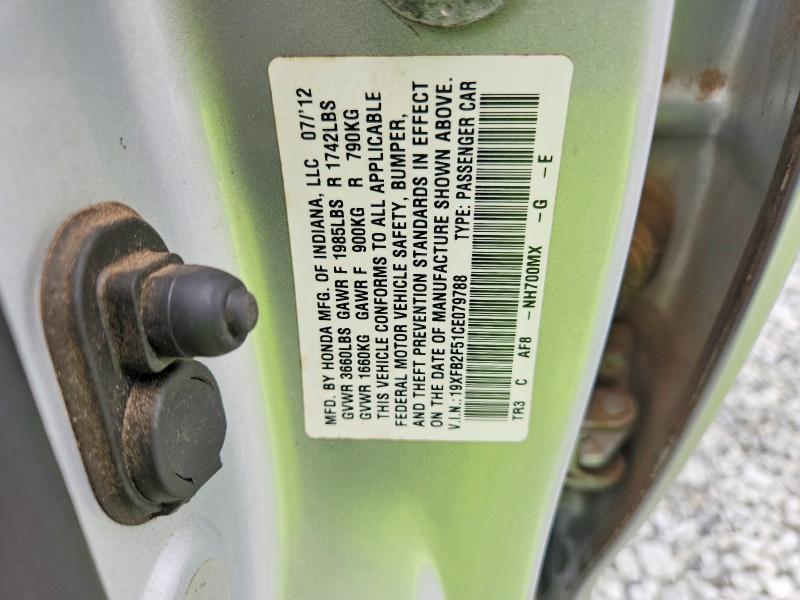 2012 Honda Civic მანქანა იყიდება აუქციონზე, vin: 19XFB2F51CE079788, აუქციონის ნომერი: 56272506