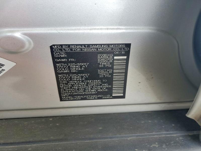57567926 :رقم المزاد ، KNMAT2MT6GP694187 vin ، 2016 Nissan Rogue مزاد بيع