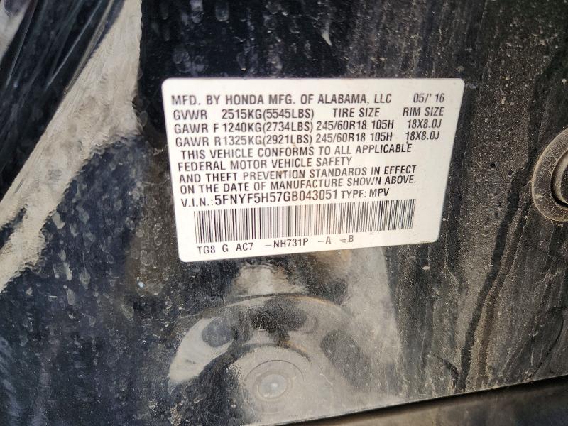 2016 Honda Pilot მანქანა იყიდება აუქციონზე, vin: 5FNYF5H57GB043051, აუქციონის ნომერი: 58908766