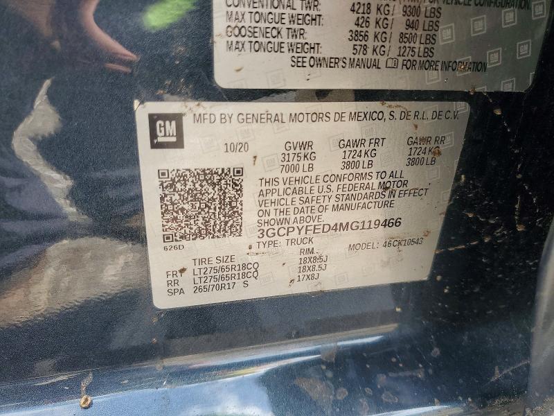 57853956 :رقم المزاد ، 3GCPYFED4MG119466 vin ، 2021 Chevrolet Silverado مزاد بيع