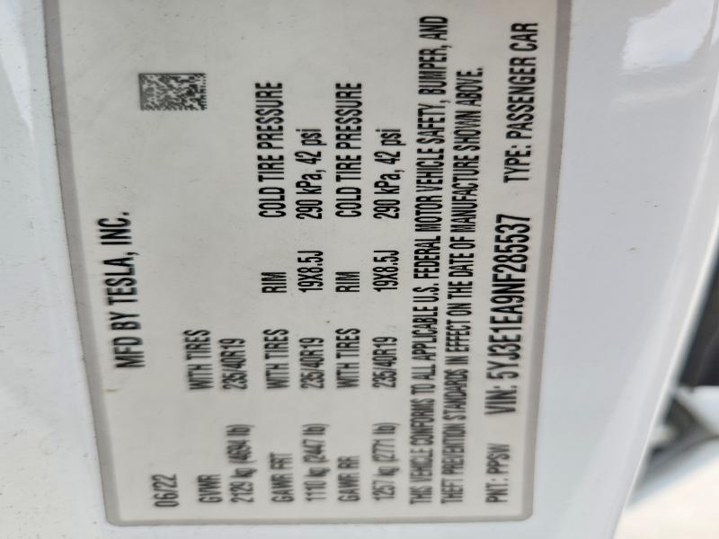 Продажа на аукционе авто 2022 Tesla Model 3, vin: 5YJ3E1EA9NF285537, номер лота: 58302336