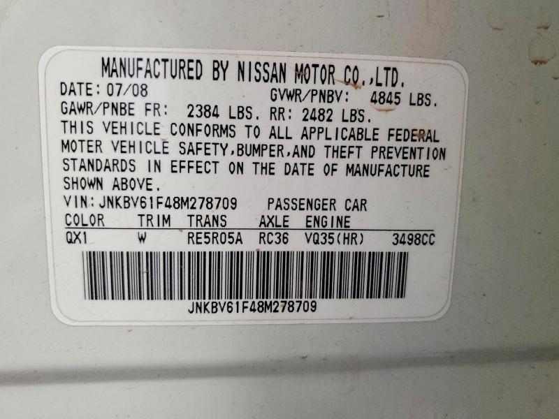Продаж на аукціоні авто 2008 Infiniti G35, vin: JNKBV61F48M278709, номер лоту: 58047476