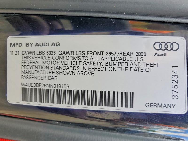 57115306 :رقم المزاد ، WAUE3BF26NN019158 vin ، 2022 Audi A6 مزاد بيع