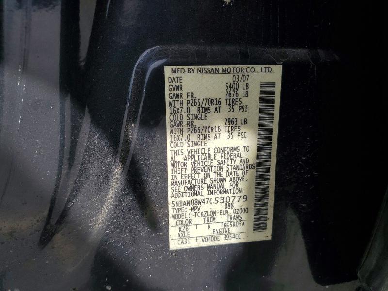 2007 Nissan Xterra მანქანა იყიდება აუქციონზე, vin: 5N1AN08W47C530779, აუქციონის ნომერი: 56117476