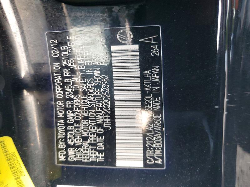 56148296 :رقم المزاد ، JTHFF2C22C2523982 vin ، 2012 Lexus Is مزاد بيع