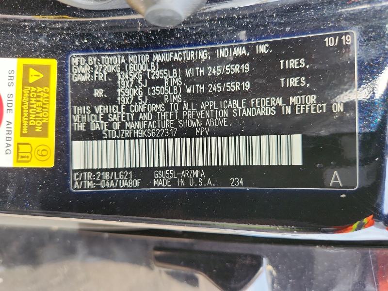 Продаж на аукціоні авто 2019 Toyota Highlander, vin: 5TDJZRFH9KS622317, номер лоту: 56614306