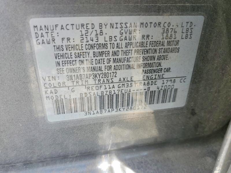 Продажа на аукционе авто 2019 Nissan Sentra, vin: 3N1AB7AP3KY280172, номер лота: 54915746