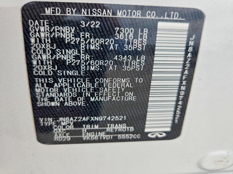 Aukcja sprzedaży 2022 Infiniti Qx80, vin: JN8AZ2AFXN9742521, numer aukcji: 58513746