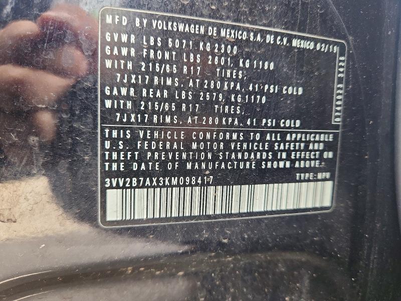 2019 Volkswagen Tiguan მანქანა იყიდება აუქციონზე, vin: 3VV2B7AX3KM098417, აუქციონის ნომერი: 55941726