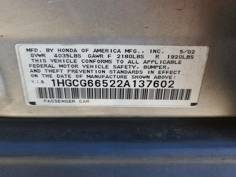 Aukcja sprzedaży 2002 Honda Accord, vin: 1HGCG66522A137602, numer aukcji: 56311356